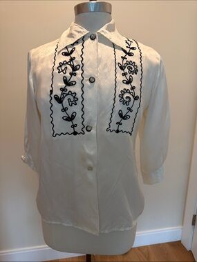 Rare Vintage Peggy Prim Cream Button-Up Blouse with Black Embroidered Panels
